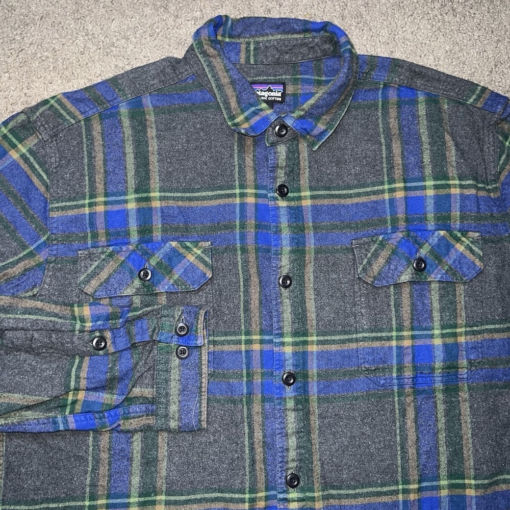 Patagonia Fjord Flannel Shirt Blue Gray Organic Cotton Mid Weight Outdoor Men XL